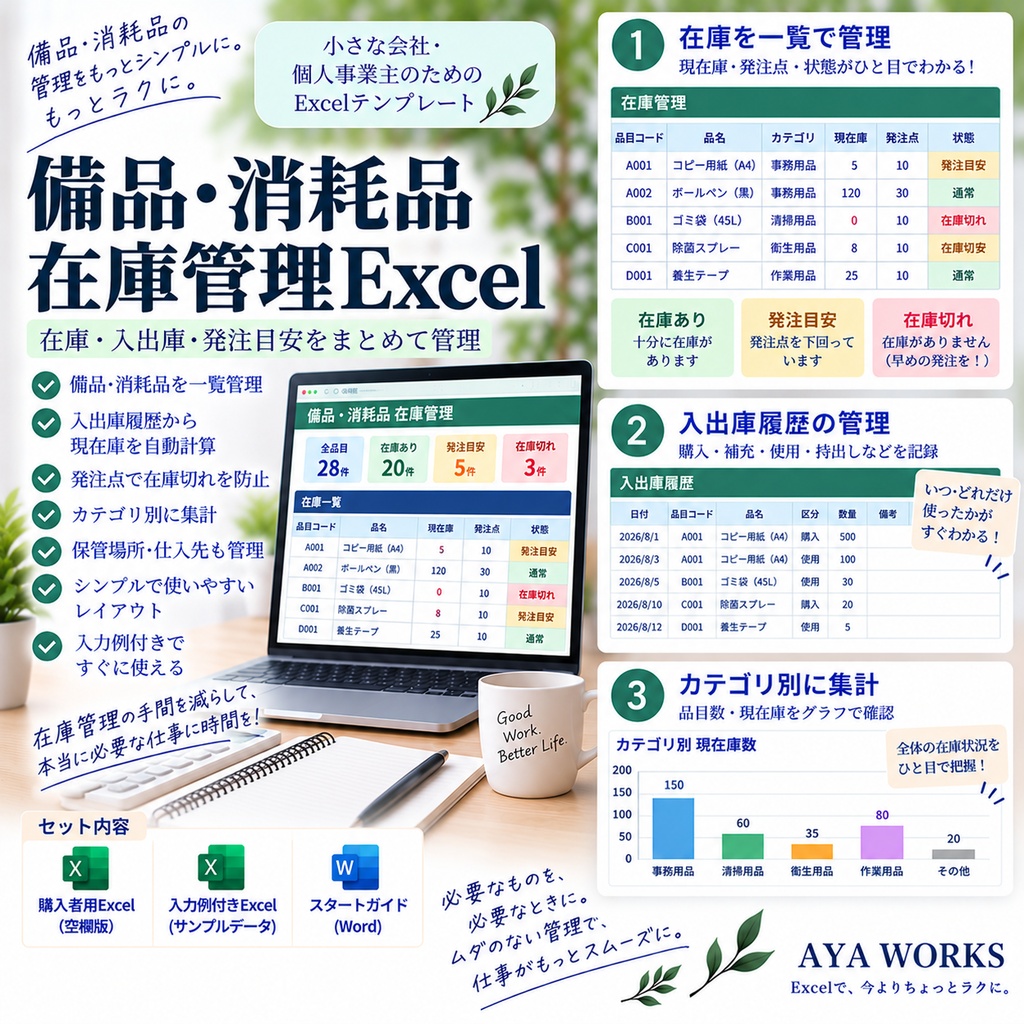 小さな会社の備品・消耗品在庫管理Excel｜在庫・入出庫・発注目安をまとめて管理