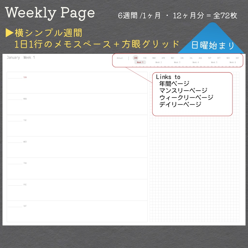 <日付なし>デジタルプランナー|シンプル週間|日曜始まり|全ページリンク付|GoodNotes対応
