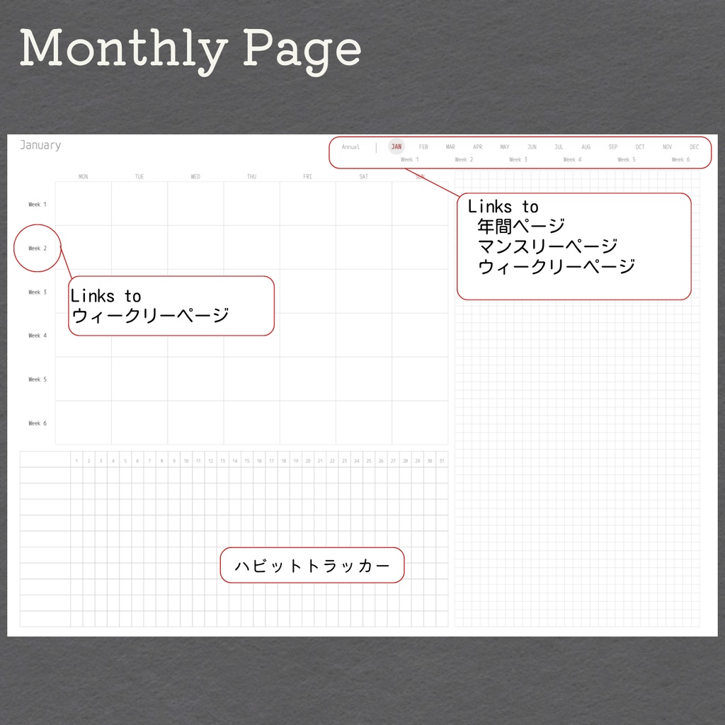 <日付なし>デジタルプランナー|シンプル週間|月曜始まり|全ページリンク付|GoodNotes対応