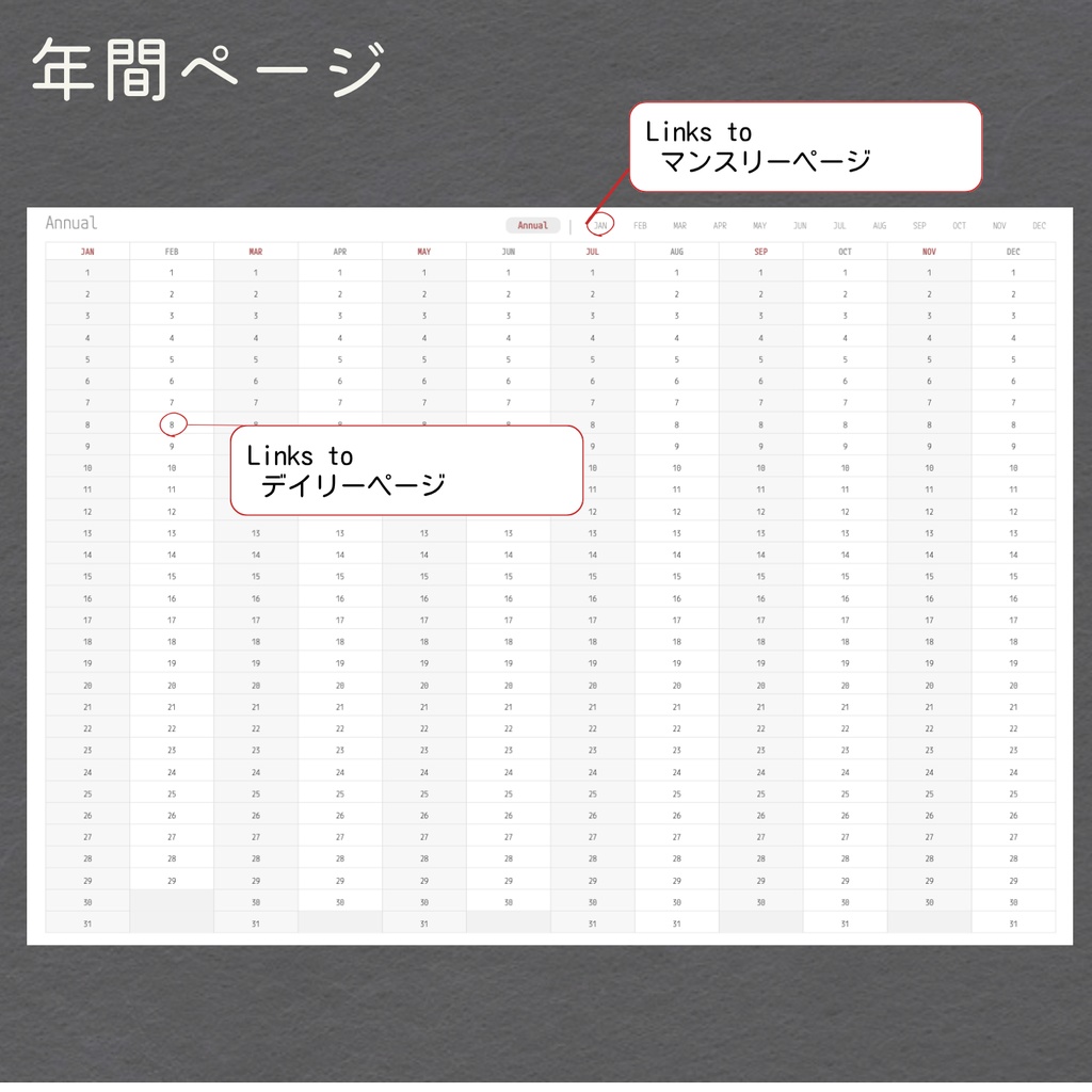<日付なし>デジタルプランナー|左面バーチカル|日曜始まり|全ページリンク付|GoodNotes対応