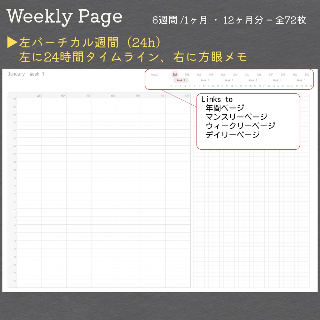 <日付なし>デジタルプランナー|左面バーチカル|日曜始まり|全ページリンク付|GoodNotes対応