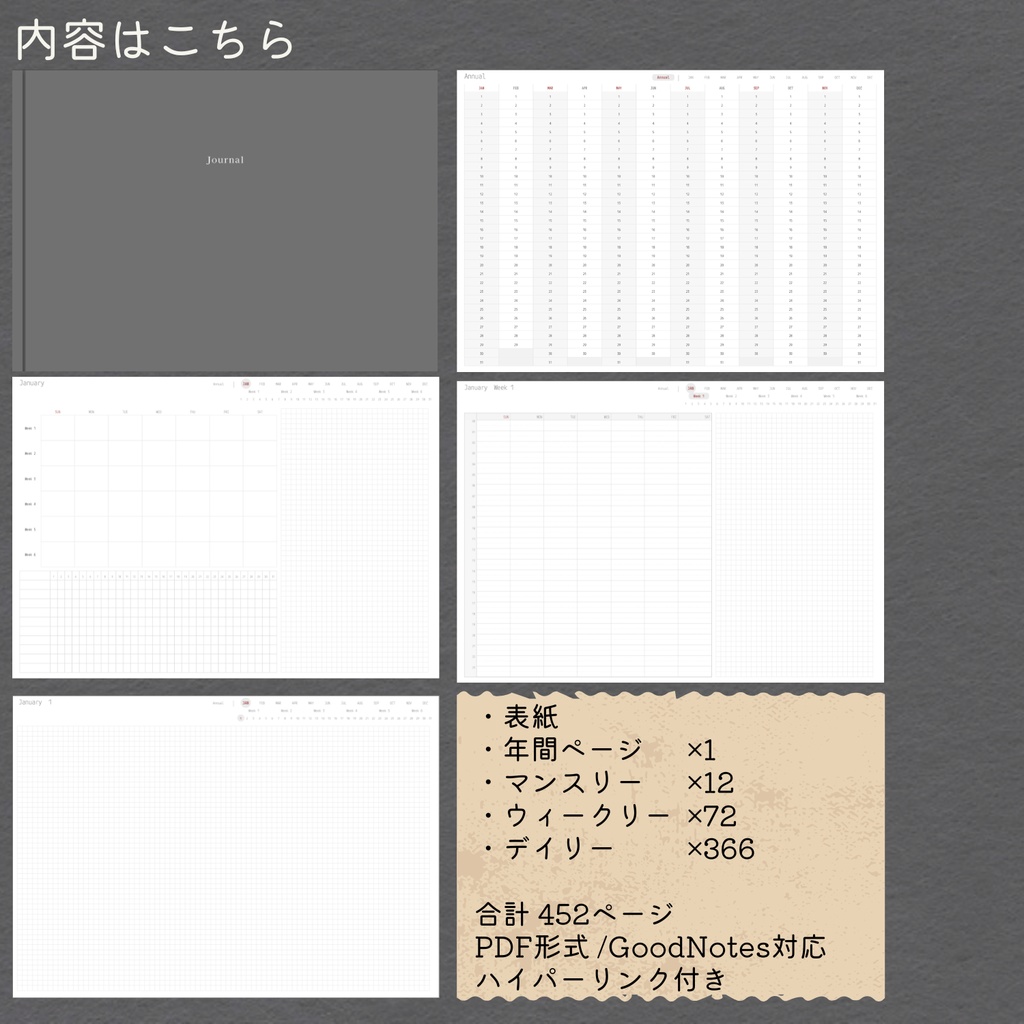 <日付なし>デジタルプランナー|左面バーチカル|日曜始まり|全ページリンク付|GoodNotes対応