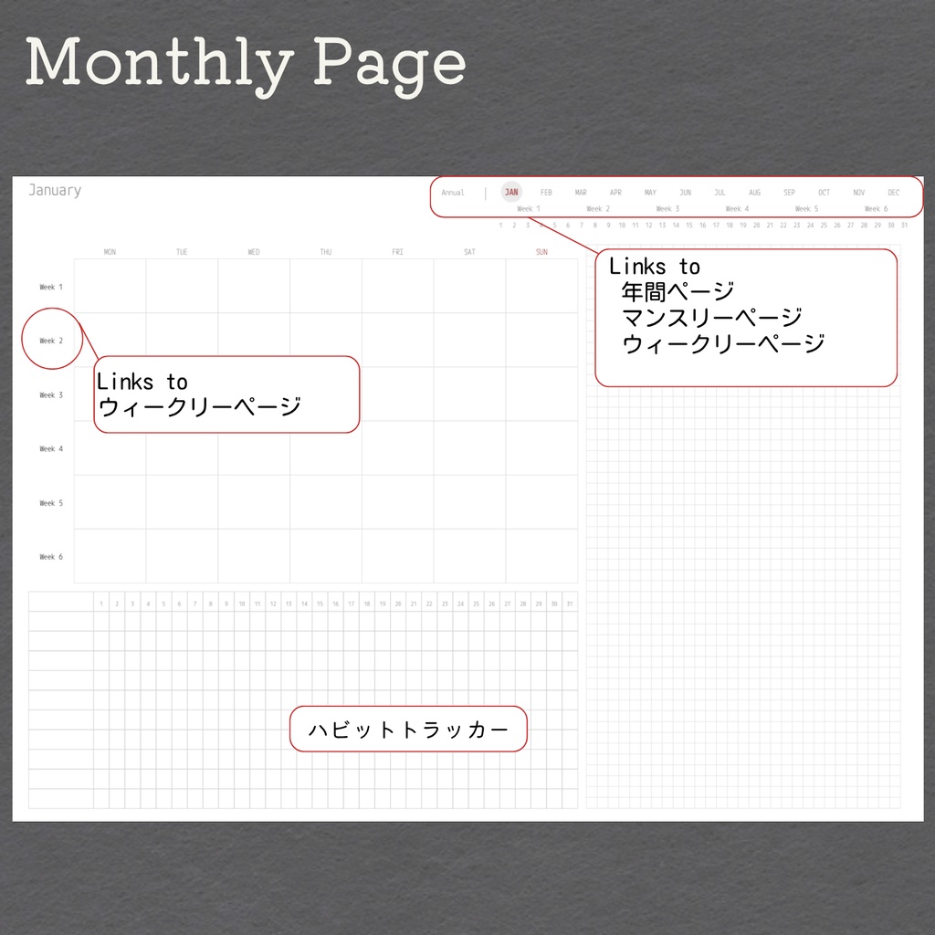 <日付なし>デジタルプランナー|左バーチカル週間|月曜始まり|全ページリンク付|GoodNotes対応