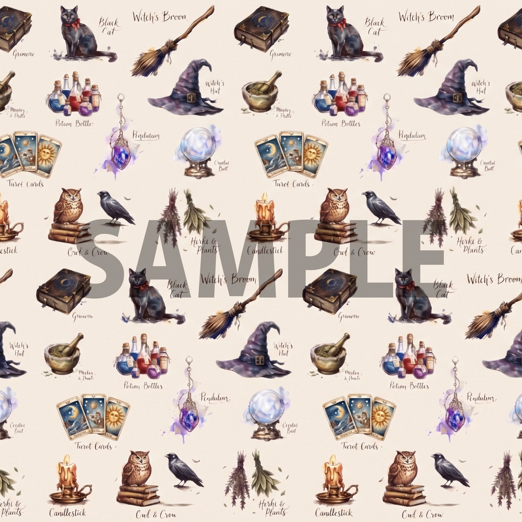 魔女の必需品|デザインペーパー11種セット|A4・PNG|コラージュ・ラッピング・手帳素材【魔導書/黒猫/魔法瓶/タロット】
