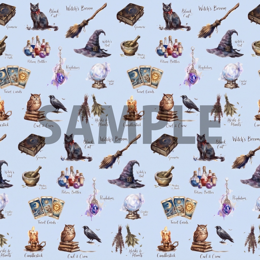 魔女の必需品|デザインペーパー11種セット|A4・PNG|コラージュ・ラッピング・手帳素材【魔導書/黒猫/魔法瓶/タロット】