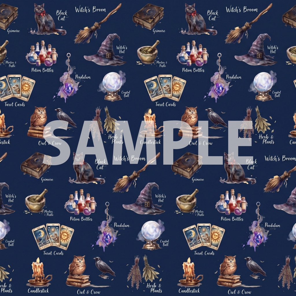 魔女の必需品|デザインペーパー11種セット|A4・PNG|コラージュ・ラッピング・手帳素材【魔導書/黒猫/魔法瓶/タロット】
