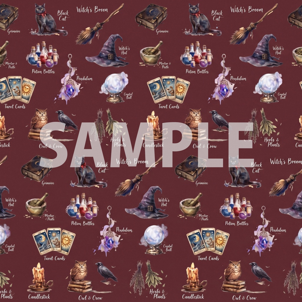 魔女の必需品|デザインペーパー11種セット|A4・PNG|コラージュ・ラッピング・手帳素材【魔導書/黒猫/魔法瓶/タロット】