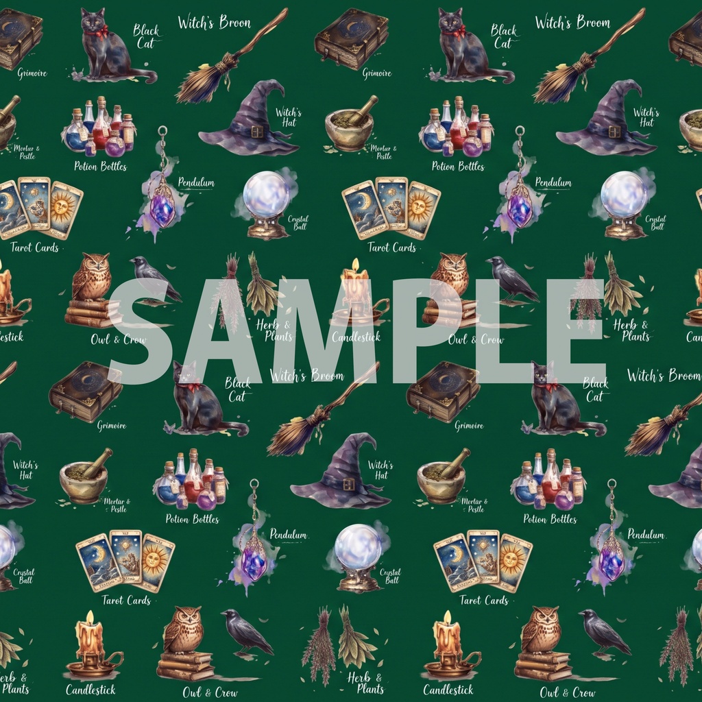 魔女の必需品|デザインペーパー11種セット|A4・PNG|コラージュ・ラッピング・手帳素材【魔導書/黒猫/魔法瓶/タロット】
