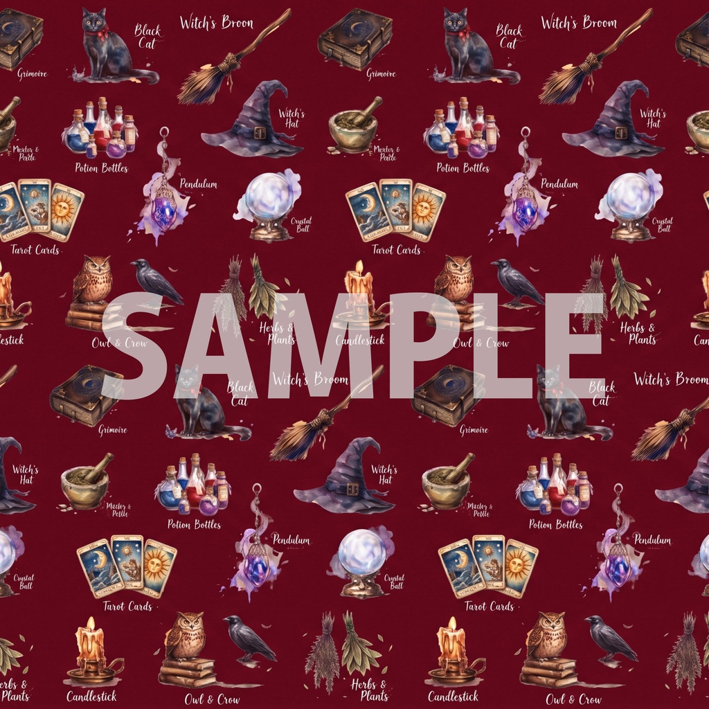 魔女の必需品|デザインペーパー11種セット|A4・PNG|コラージュ・ラッピング・手帳素材【魔導書/黒猫/魔法瓶/タロット】