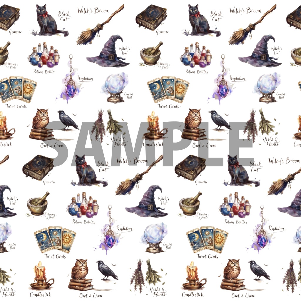 魔女の必需品|デザインペーパー11種セット|A4・PNG|コラージュ・ラッピング・手帳素材【魔導書/黒猫/魔法瓶/タロット】