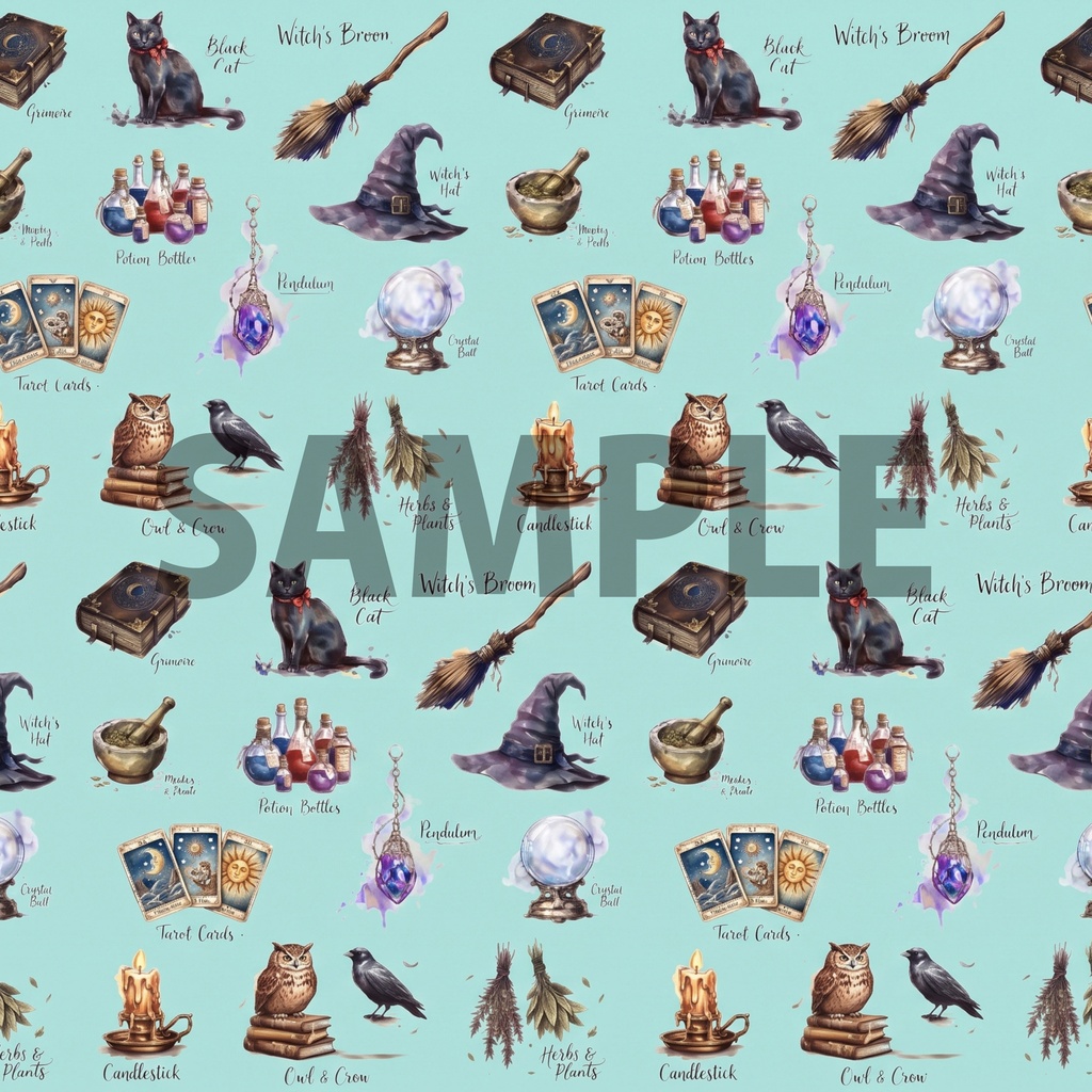 魔女の必需品|デザインペーパー11種セット|A4・PNG|コラージュ・ラッピング・手帳素材【魔導書/黒猫/魔法瓶/タロット】