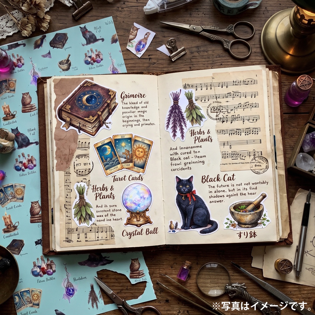 魔女の必需品|デザインペーパー11種セット|A4・PNG|コラージュ・ラッピング・手帳素材【魔導書/黒猫/魔法瓶/タロット】