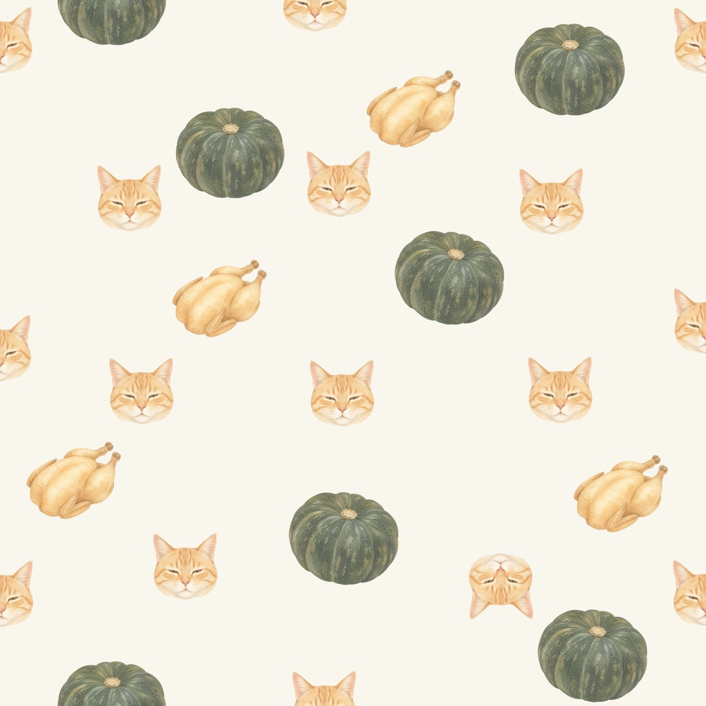 猫とカボチャとチキン　かわいいくすみカラー｜５枚セット｜2000×2000px