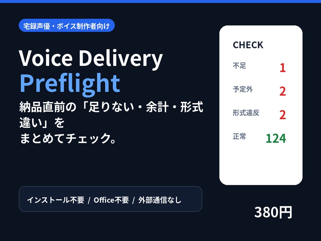 Voice Delivery Preflight｜宅録ボイス納品前チェックツール【PCM WAV一括検査】