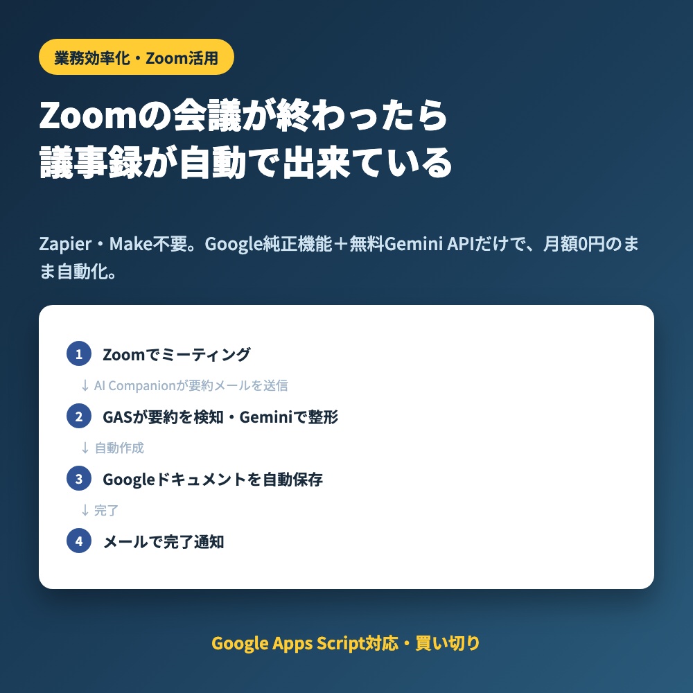 Zapier不要・月額0円で完結。Zoom AI議事録自動作成キット【Google Apps Script】