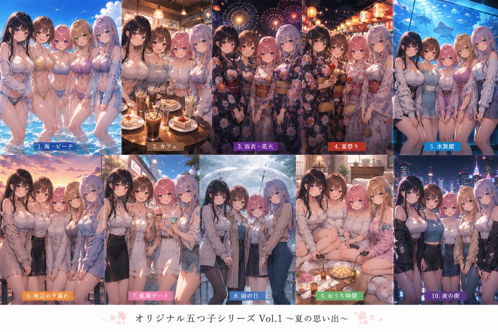 「オリジナル五つ子シリーズ Vol.1 ～夏の思い出～」 AI生成イラスト／壁紙集