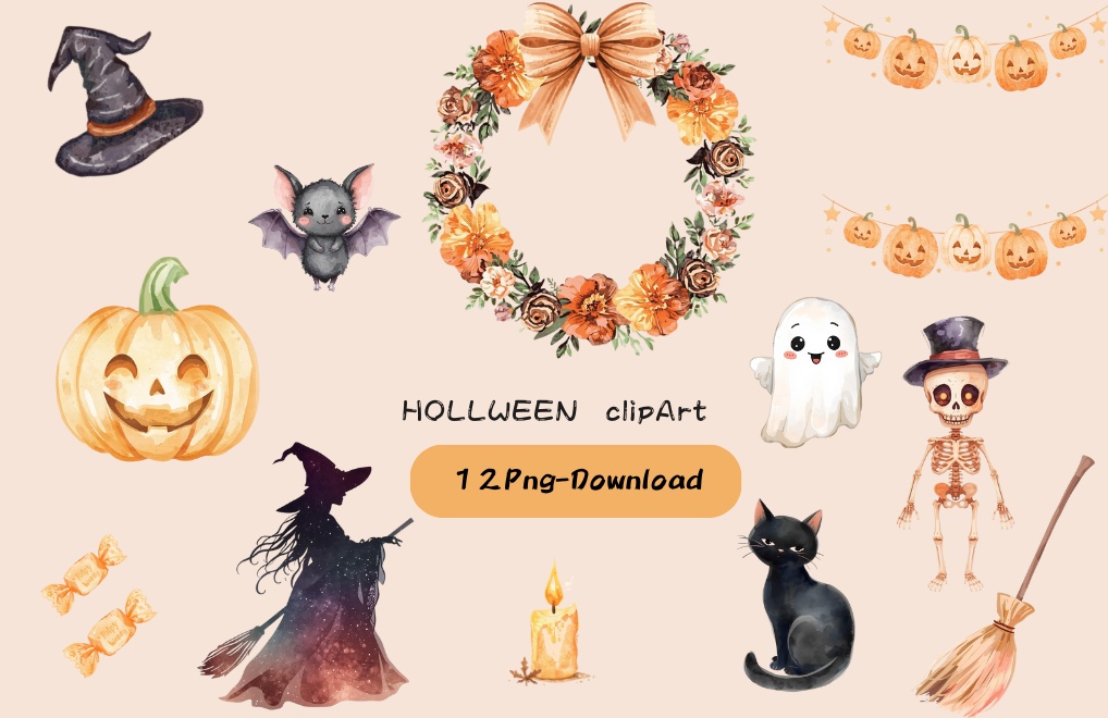 水彩画風ハロウィン素材のクリップアート（PNG背景透過）