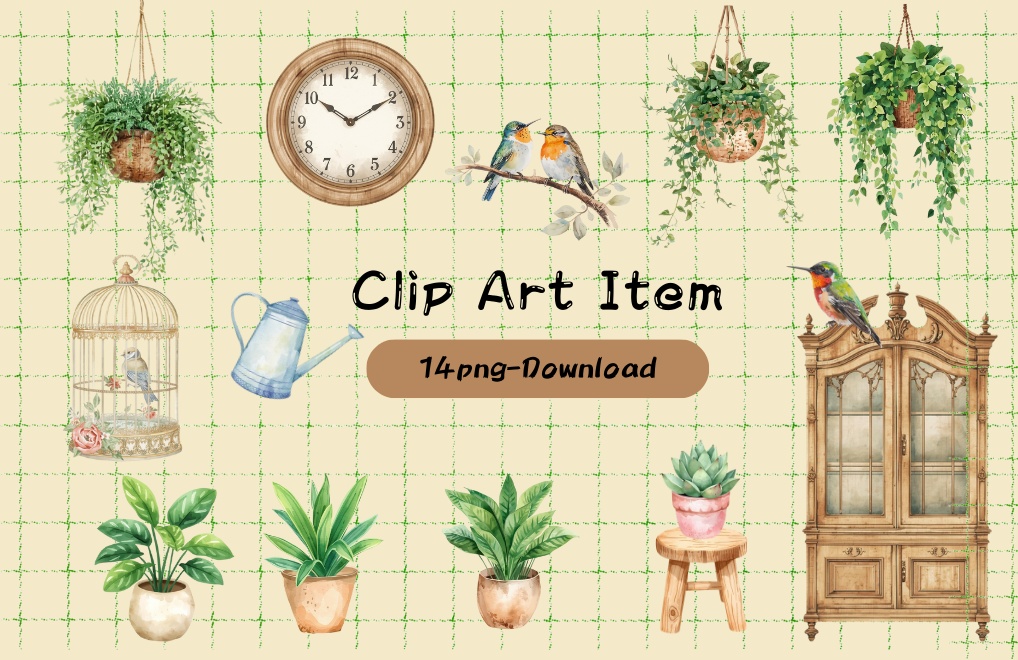 観葉植物やインテリア雑貨のクリップアート素材セット