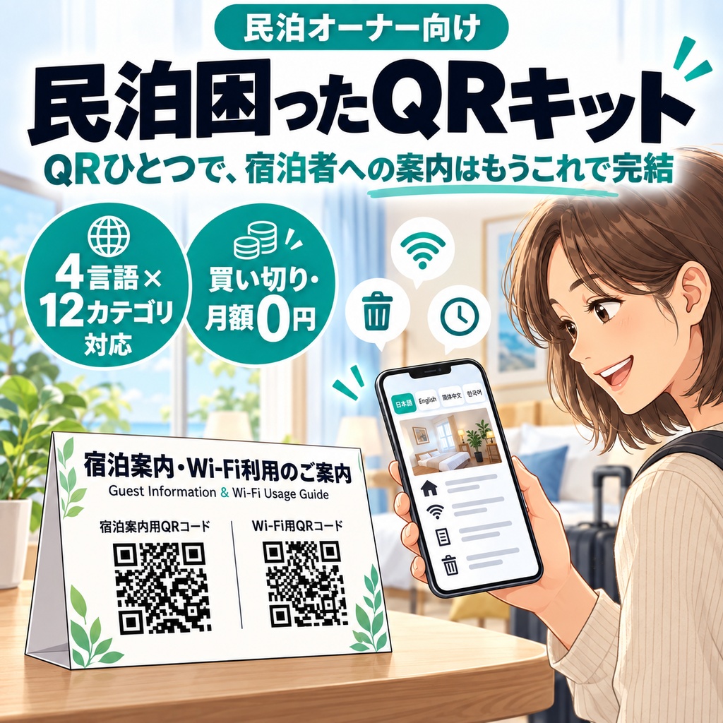 民泊困ったQRキット|深夜の同じ質問がQRひとつで終わる宿泊者案内キット