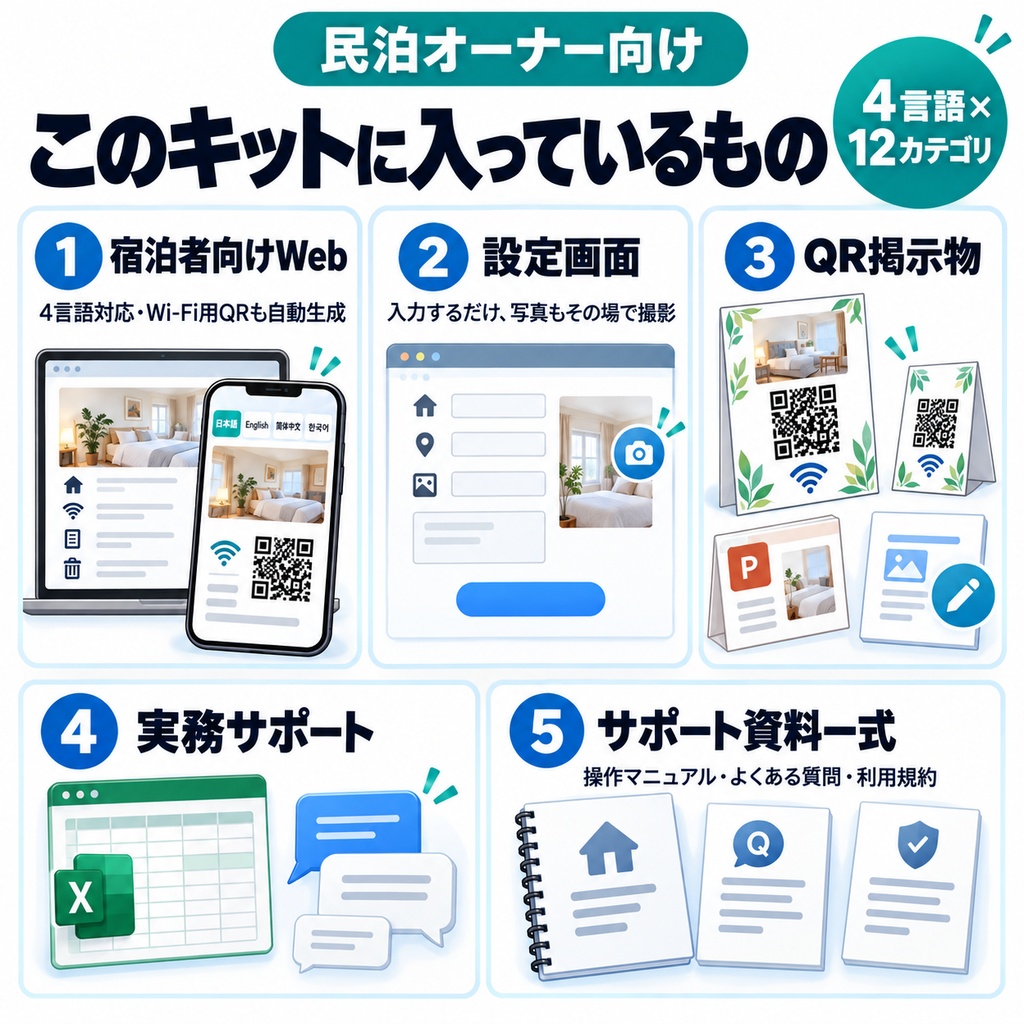 民泊困ったQRキット|深夜の同じ質問がQRひとつで終わる宿泊者案内キット