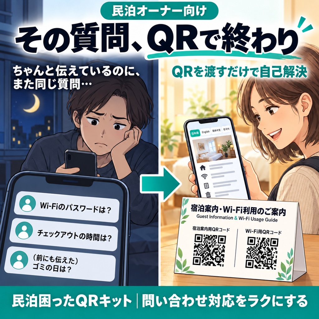 民泊困ったQRキット｜深夜の同じ質問がQRひとつで終わる宿泊者案内キット