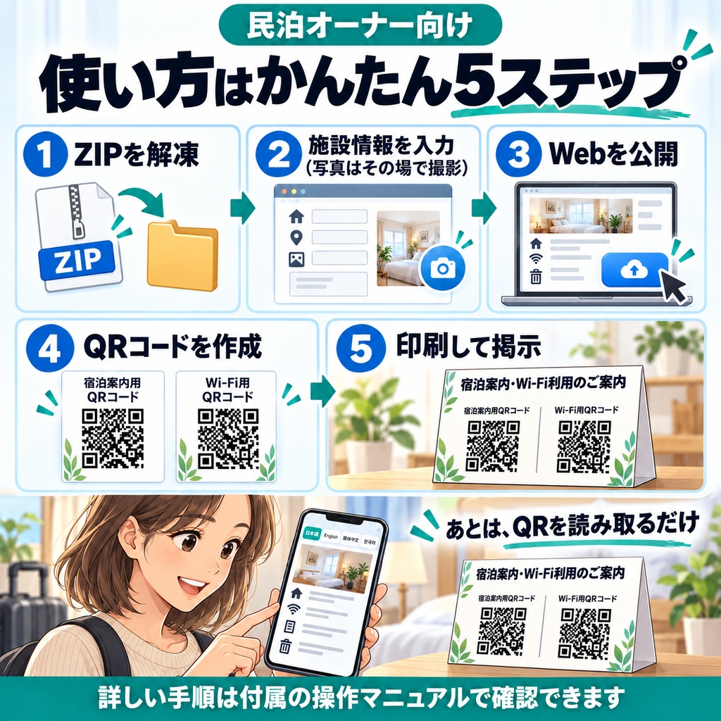民泊困ったQRキット|深夜の同じ質問がQRひとつで終わる宿泊者案内キット