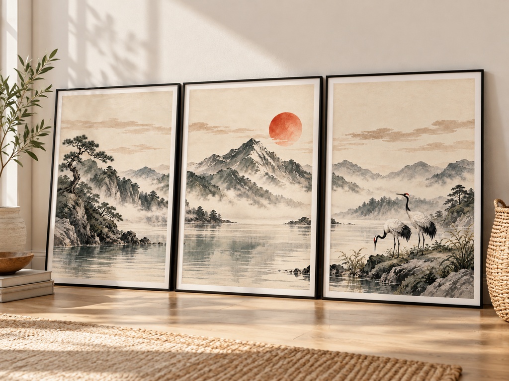 静かな日本の風景　三連水墨画アートセット｜松・山と太陽・鶴｜高解像度印刷用データ（5サイズ対応）