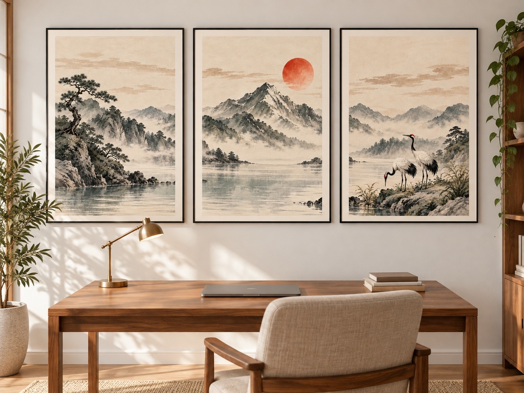 静かな日本の風景 三連水墨画アートセット|松・山と太陽・鶴|高解像度印刷用データ(5サイズ対応)
