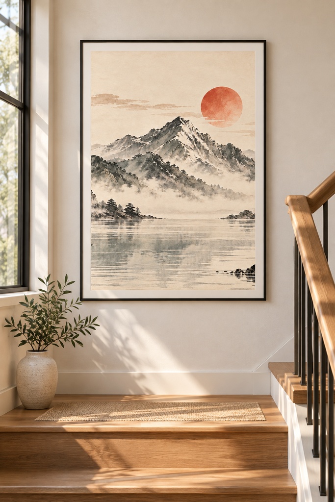 静かな日本の風景 三連水墨画アートセット|松・山と太陽・鶴|高解像度印刷用データ(5サイズ対応)