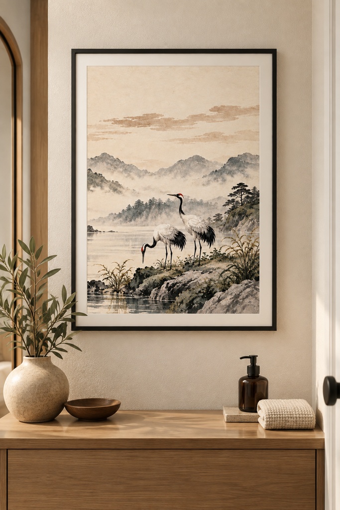 静かな日本の風景 三連水墨画アートセット|松・山と太陽・鶴|高解像度印刷用データ(5サイズ対応)