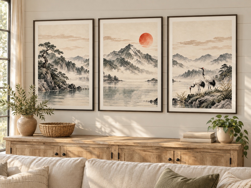静かな日本の風景 三連水墨画アートセット|松・山と太陽・鶴|高解像度印刷用データ(5サイズ対応)