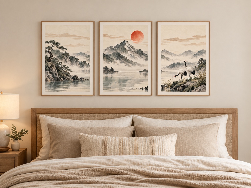 静かな日本の風景 三連水墨画アートセット|松・山と太陽・鶴|高解像度印刷用データ(5サイズ対応)