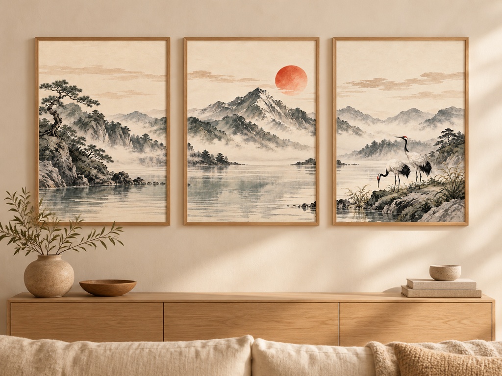 静かな日本の風景 三連水墨画アートセット|松・山と太陽・鶴|高解像度印刷用データ(5サイズ対応)