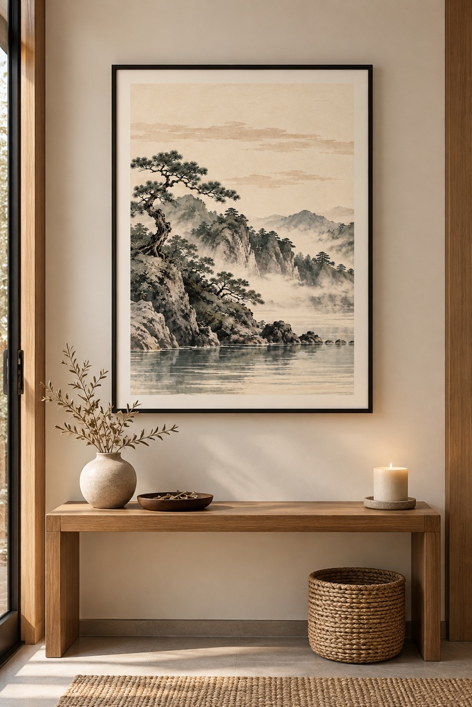 静かな日本の風景 三連水墨画アートセット|松・山と太陽・鶴|高解像度印刷用データ(5サイズ対応)