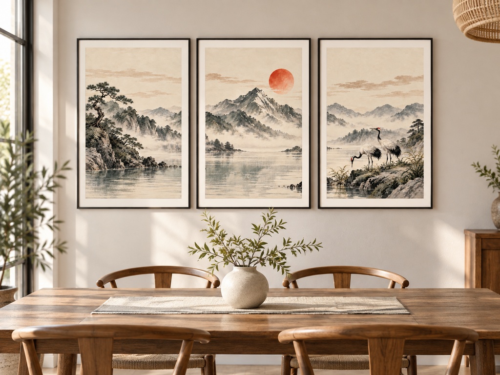 静かな日本の風景 三連水墨画アートセット|松・山と太陽・鶴|高解像度印刷用データ(5サイズ対応)