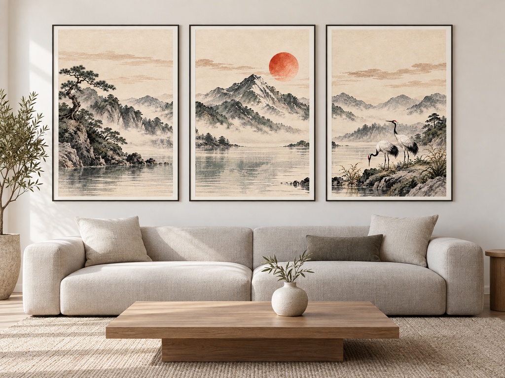 静かな日本の風景 三連水墨画アートセット|松・山と太陽・鶴|高解像度印刷用データ(5サイズ対応)