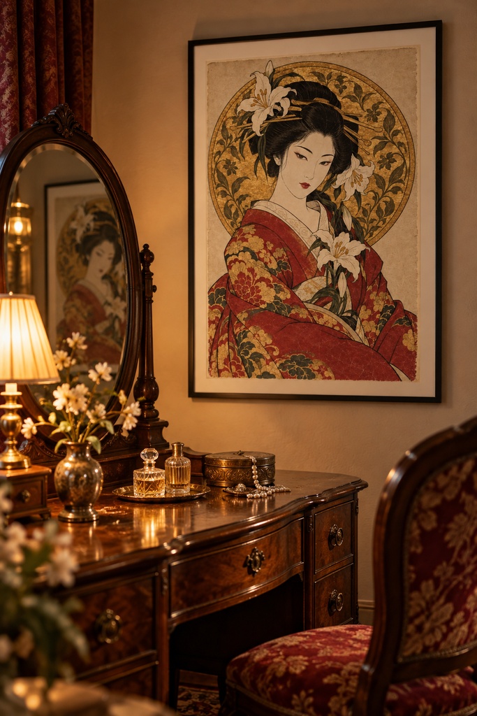 浮世絵×アール・ヌーヴォー　光背の花魁（赤・金）｜白百合を手にした和洋折衷アート｜高解像度印刷用データ