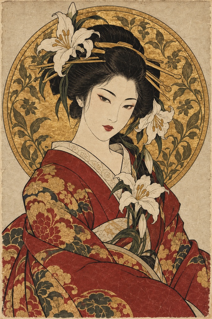 浮世絵×アール・ヌーヴォー 光背の花魁(赤・金)|白百合を手にした和洋折衷アート|高解像度印刷用データ