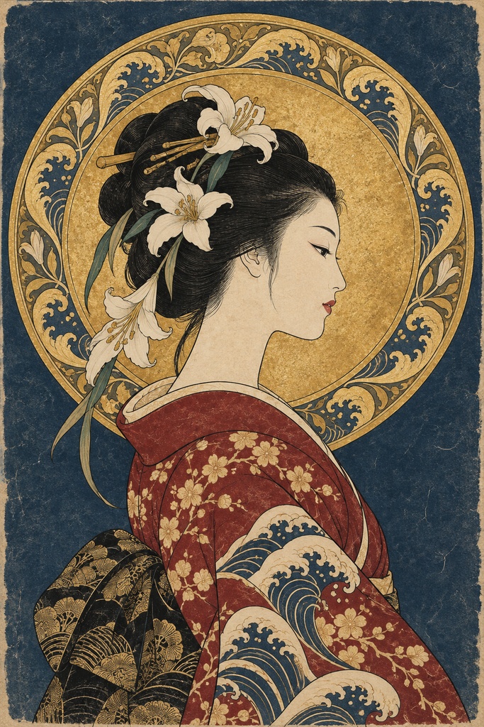 浮世絵×アール・ヌーヴォー 光背の麗人(藍・紅)|波模様と百合の和洋折衷アート|高解像度印刷用データ