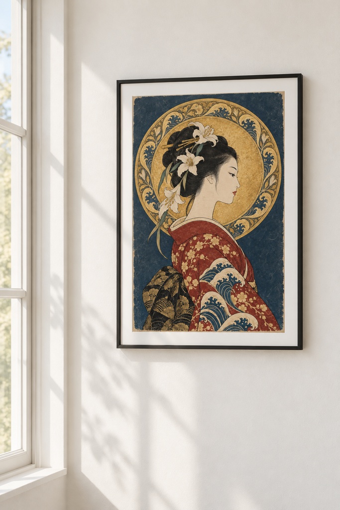 浮世絵×アール・ヌーヴォー　光背の麗人（藍・紅）｜波模様と百合の和洋折衷アート｜高解像度印刷用データ