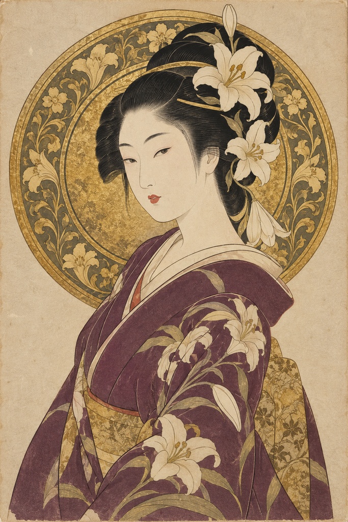 浮世絵×アール・ヌーヴォー 光背の麗人(紫・金)歌麿風|百合と蒔絵の和洋折衷アート|高解像度印刷用データ