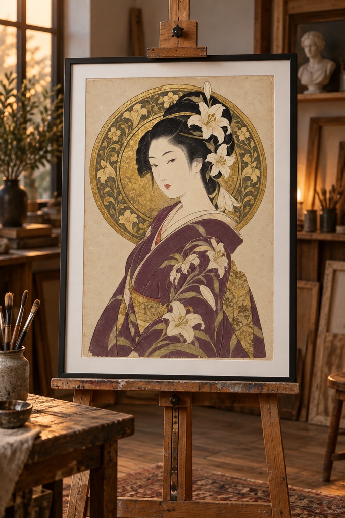 浮世絵×アール・ヌーヴォー 光背の麗人(紫・金)歌麿風|百合と蒔絵の和洋折衷アート|高解像度印刷用データ