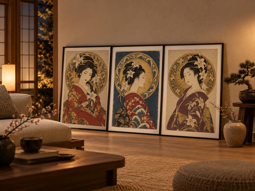 浮世絵×アール・ヌーヴォー 光背の麗人 3枚セット|国芳風・北斎風・歌麿風|高解像度印刷用データ