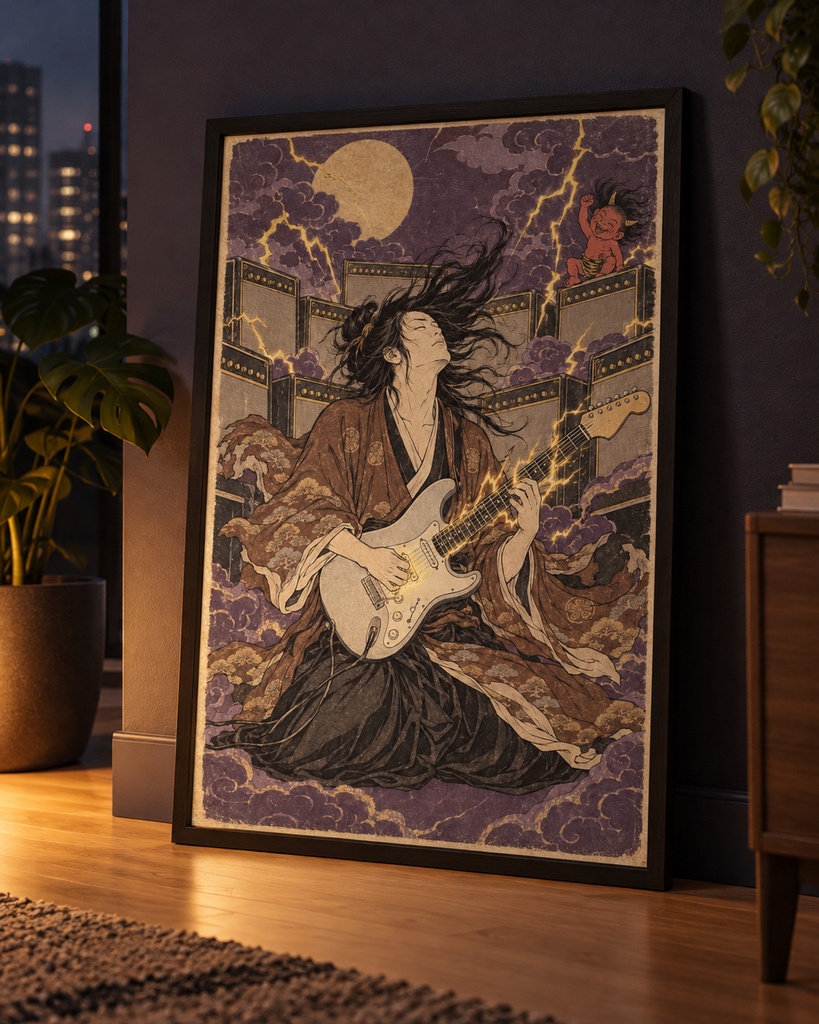 雷鳴響くロックギタリスト|浮世絵風デジタルアート|歌麿スタイル侍ミュージシャン|高解像度印刷用データ