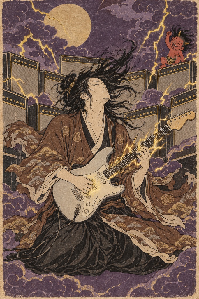 雷鳴響くロックギタリスト|浮世絵風デジタルアート|歌麿スタイル侍ミュージシャン|高解像度印刷用データ