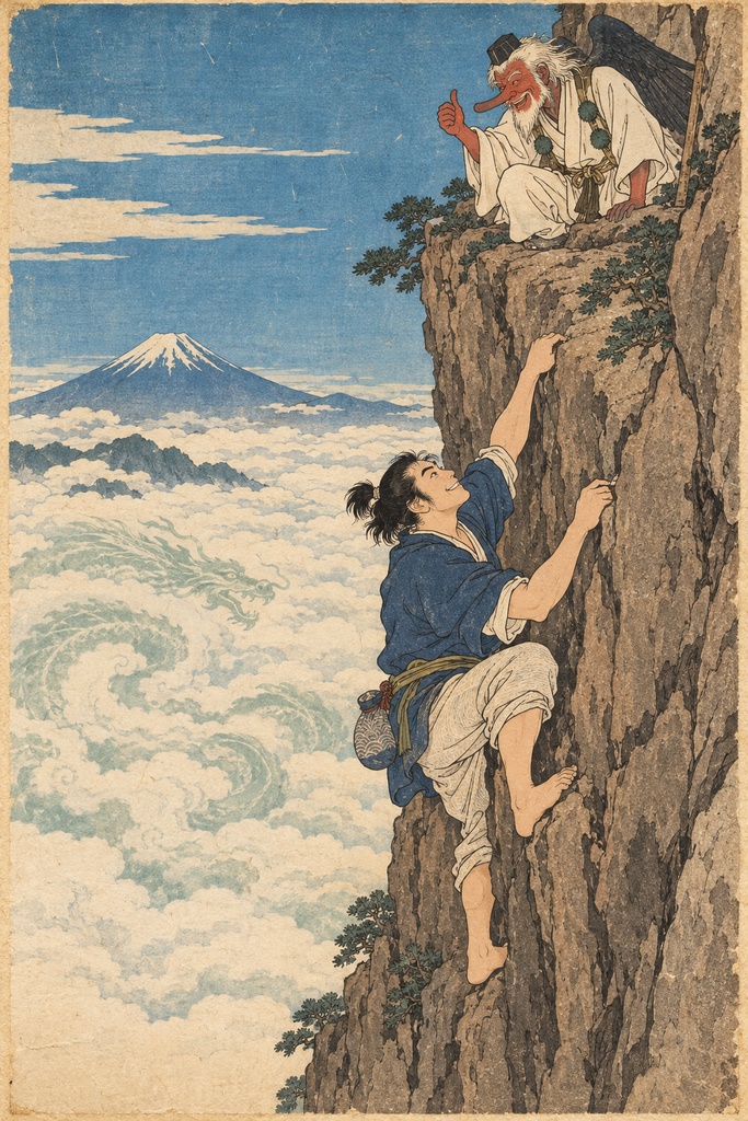 天狗に励まされるロッククライマー|浮世絵風デジタルアート|歌麿スタイル富士山アート|高解像度印刷用データ