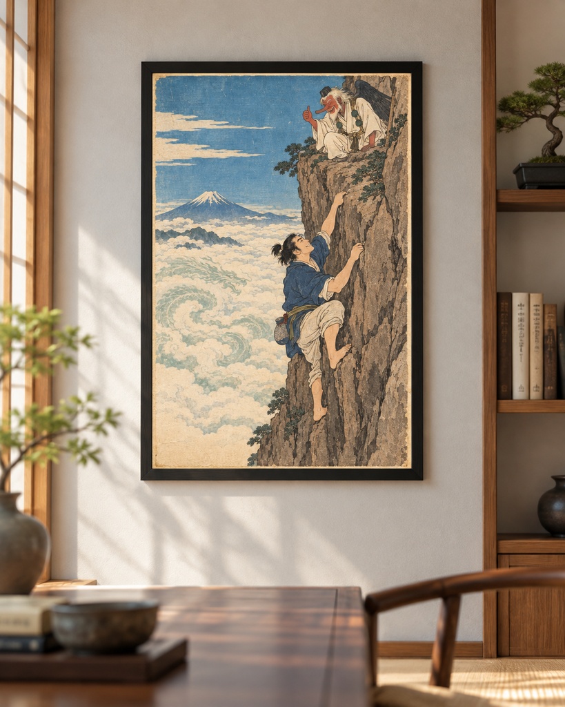 天狗に励まされるロッククライマー｜浮世絵風デジタルアート｜歌麿スタイル富士山アート｜高解像度印刷用データ