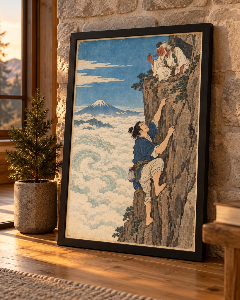 天狗に励まされるロッククライマー|浮世絵風デジタルアート|歌麿スタイル富士山アート|高解像度印刷用データ