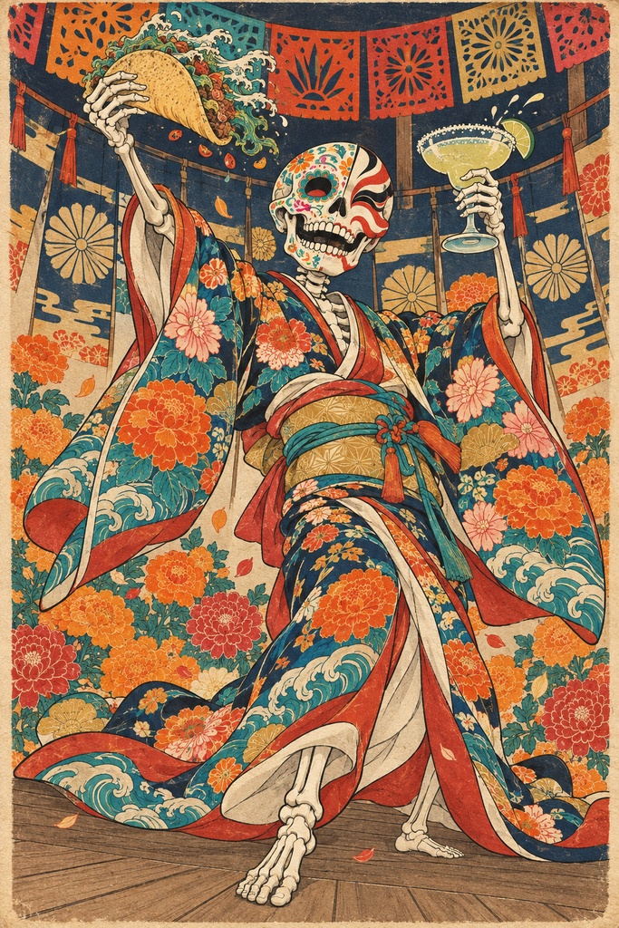 踊る花柄着物のシュガースカル|ディア・デ・ロス・ムエルトス×浮世絵フュージョン|歌麿スタイル高解像度印刷用データ