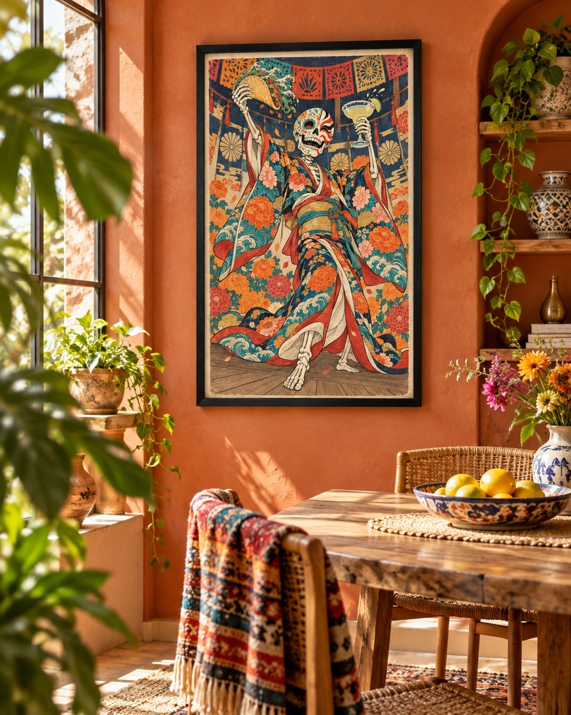 踊る花柄着物のシュガースカル|ディア・デ・ロス・ムエルトス×浮世絵フュージョン|歌麿スタイル高解像度印刷用データ